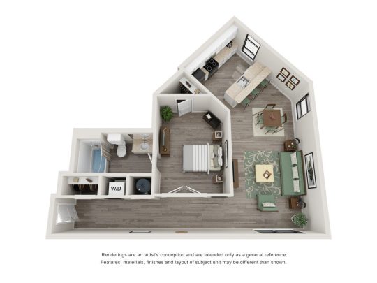 a 3d rendering of a two bedroom apartment at The  Pepper Building