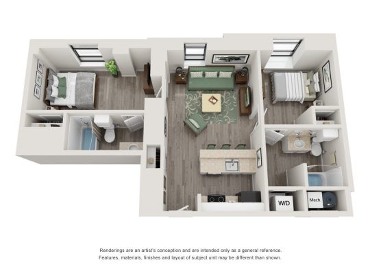 a 3d rendering of a two bedroom apartment at The  Pepper Building